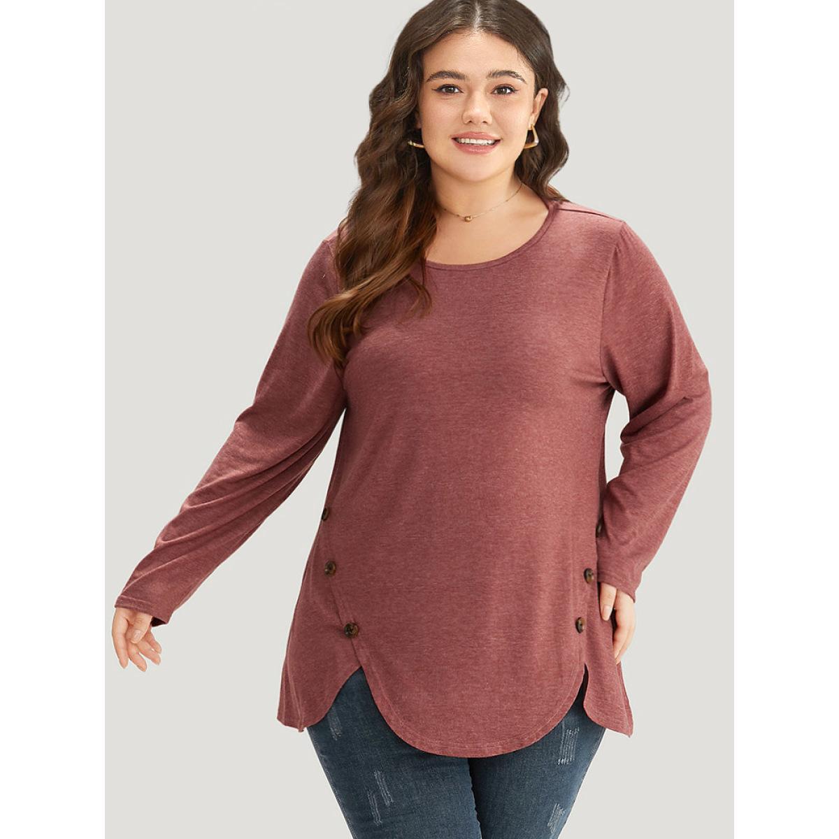 Plus Size Plain Round Neck Button Detail T-shirt Russet Women Casual Plain Plain Round Neck Dailywear T-shirts BloomChic 28/5X Product Image