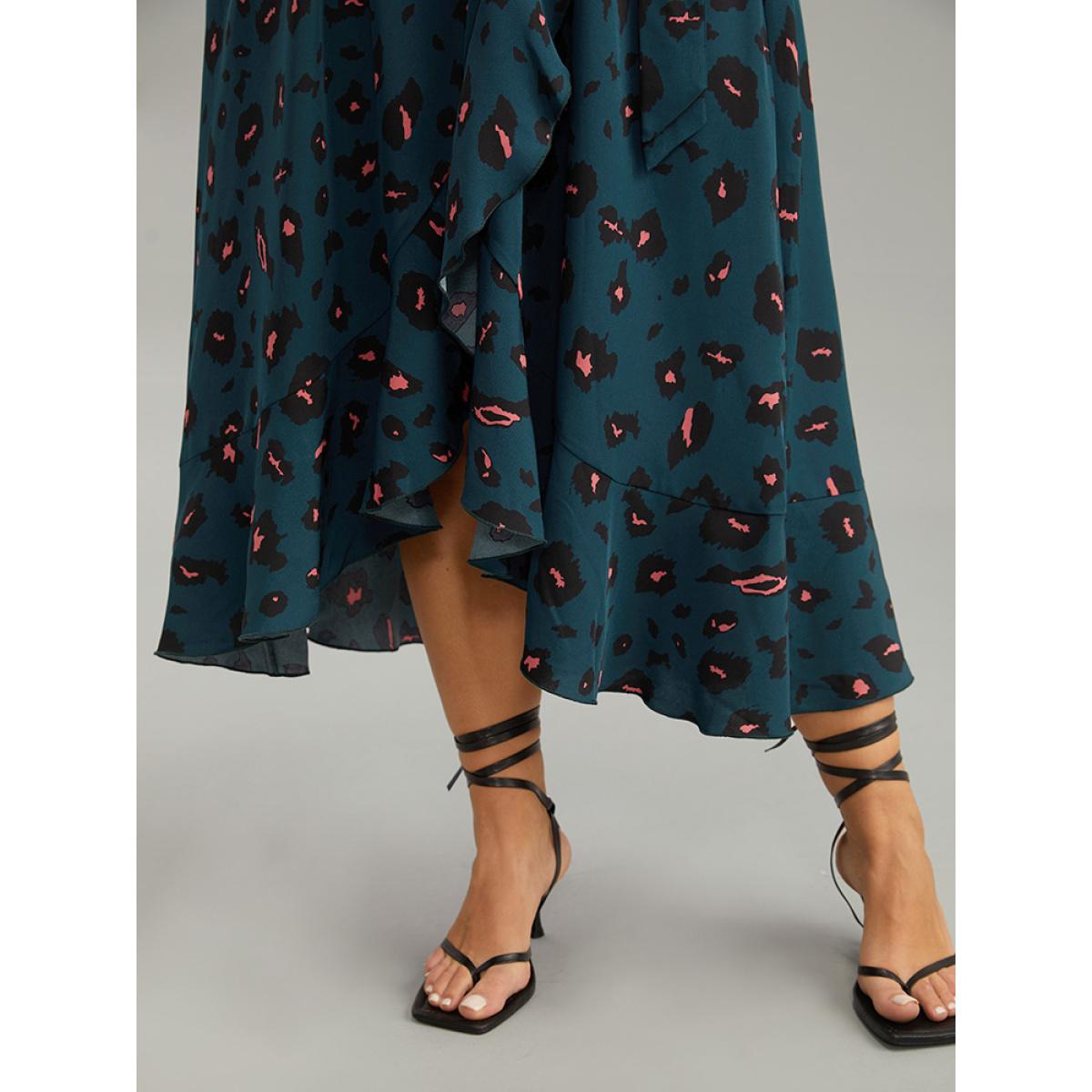 Plus Size Allover Print Surplice Neck Flutter Trim Dress DarkSlateGray Women Elegant Elastic cuffs V-neck Long Sleeve Curvy Midi Dress BloomChic 18-20/2X Product Image