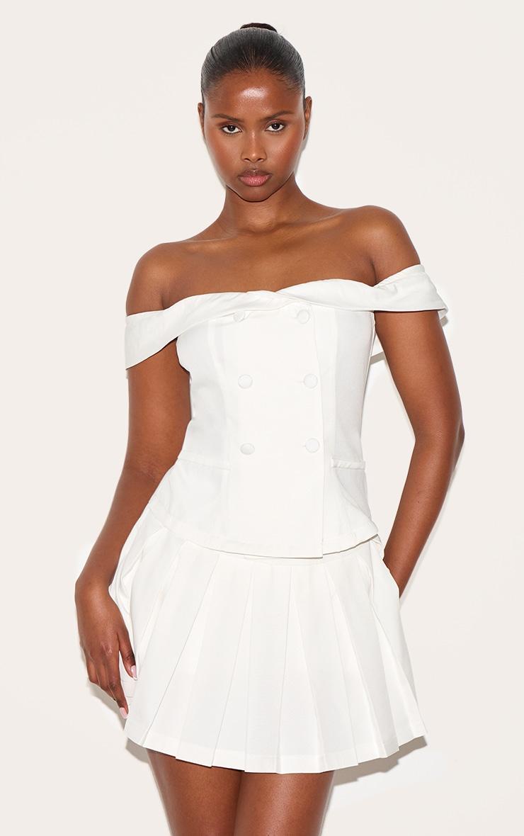 White Tailored Button Detail Bardot Pleated Skort Romper Product Image