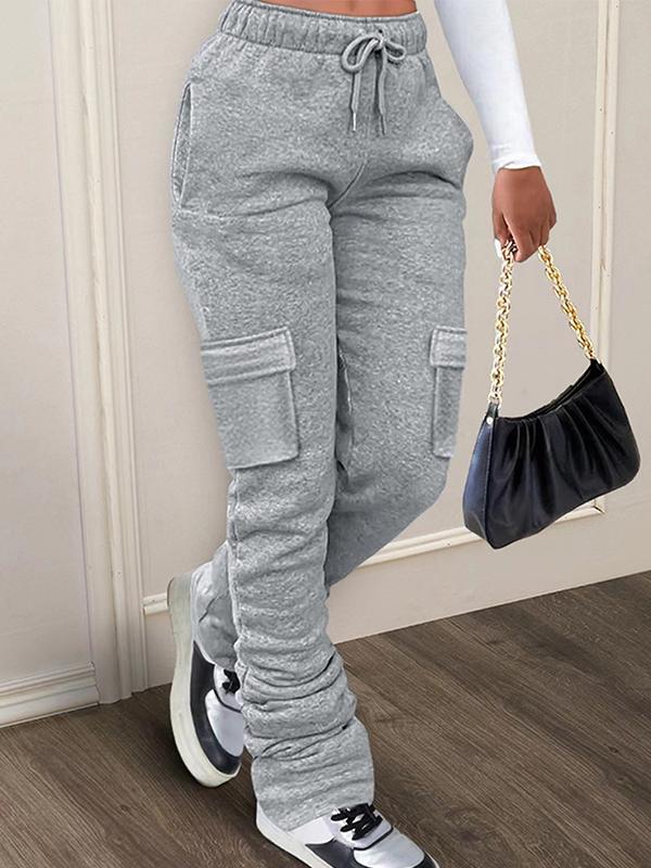 Solid Drawstring Multi Pocket Stacked Pants Product Image