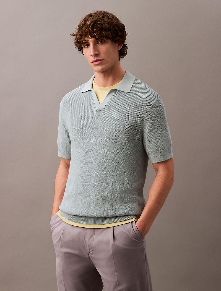 Textured Cotton Johnny Collar Polo Sweater Product Image