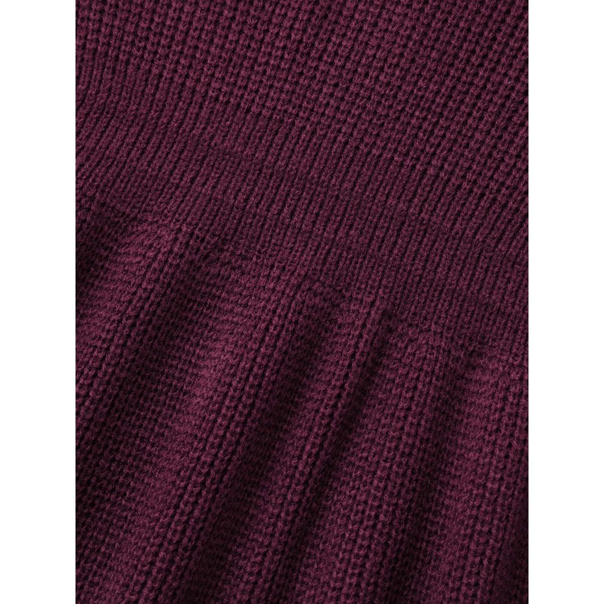 Plus Size Plain Ribbed Knit Waist Cinched Pullover Burgundy Women Timeless Bodycon Long Sleeve V-neck Elegant Pullovers BloomChic 26/4X Product Image