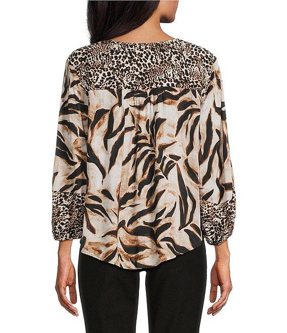 Westbound Woven Mocha Sandy Leopard 3/4 Sleeve V-Neck Tie Blouse Product Image
