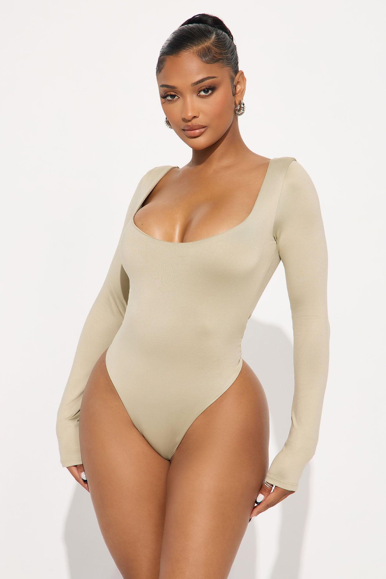 Contour Double Lined Long Sleeve Wide Scoop Neck Bodysuit - Stone Female Product Image