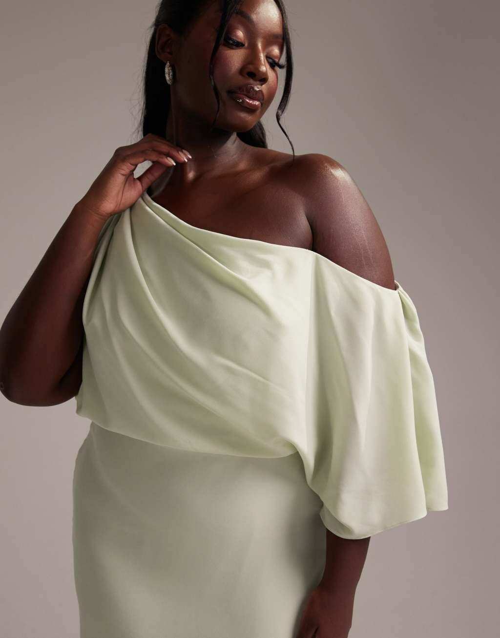 ASOS DESIGN Curve Bridesmaids crepe one shoulder draped maxi dress in light green Product Image