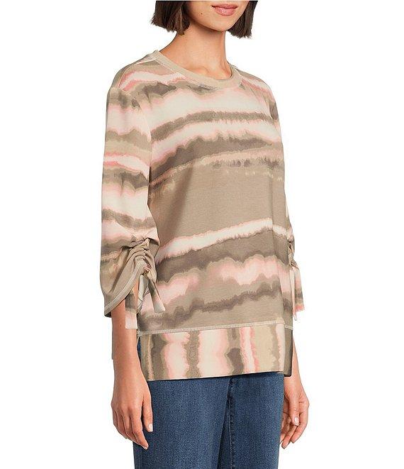 Westbound Petite Size Printed Ruched Sleeve Crew Neck Top Product Image
