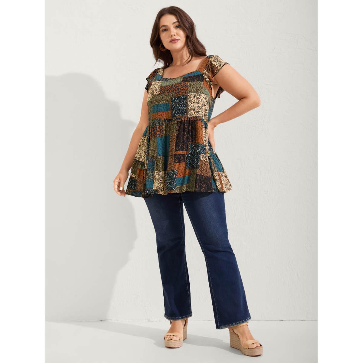 Plus Size Floral Collage Print Layered Tank Top Women Multicolor Boho Gathered Square Neck Vacation Tank Tops Camis BloomChic 22-24/3X Product Image