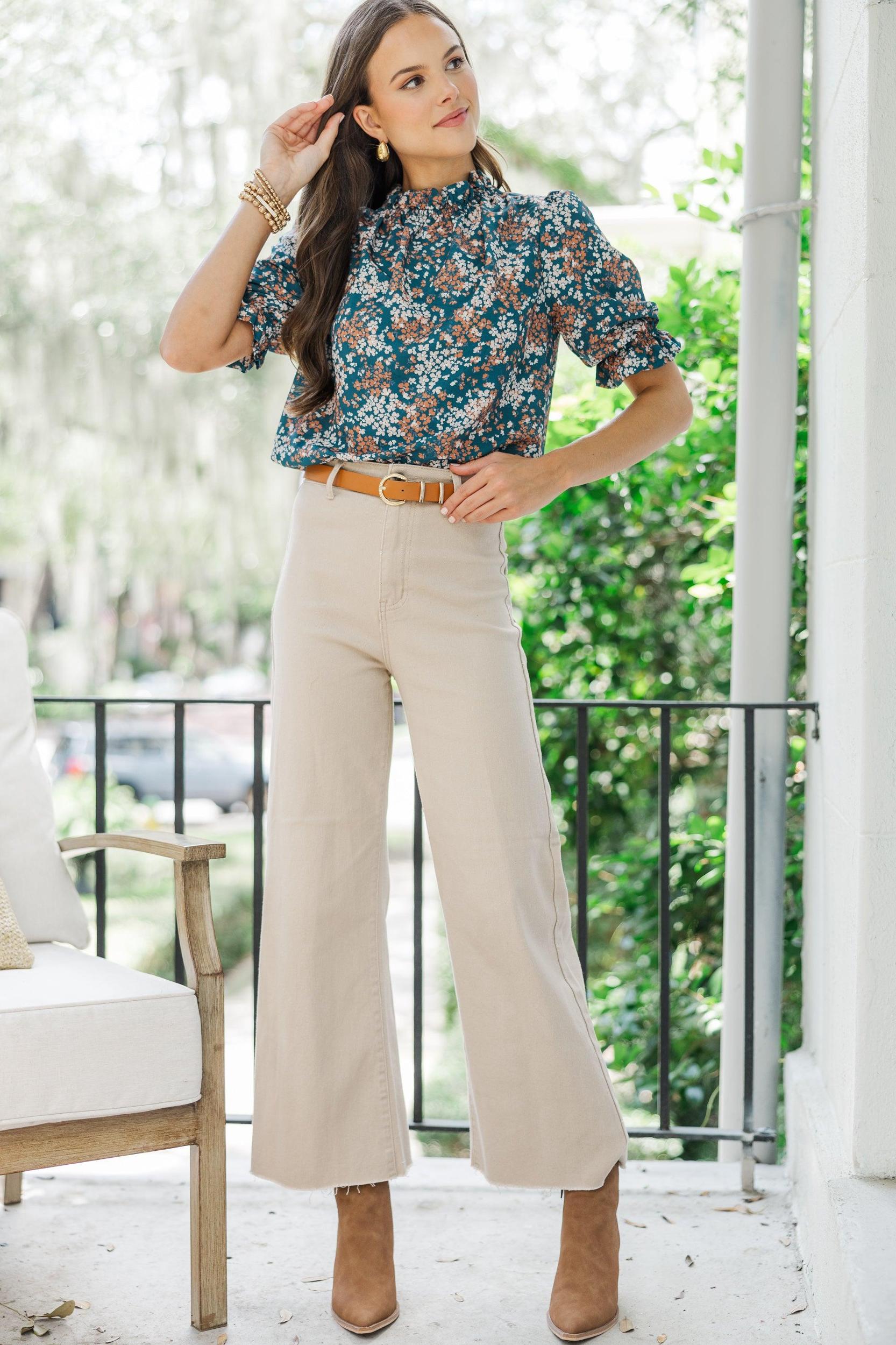 This Is The Time Teal Blue Ditsy Floral Blouse Female Product Image