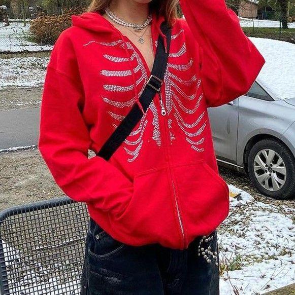Rhinestone Skeleton Zip-Up Hoodie / Drawstring Sweatpants Product Image