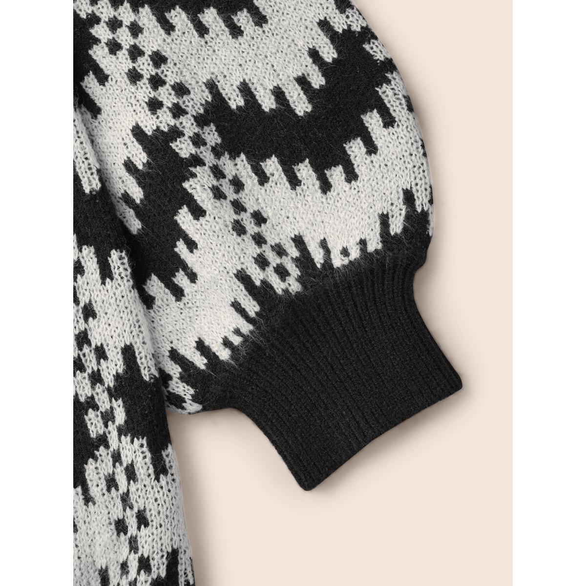 Plus Size Geometric Jacquard Drop Shoulder Sleeve Pullover Black Women Casual Loose Long Sleeve Round Neck Everyday Pullovers BloomChic 12/L Product Image