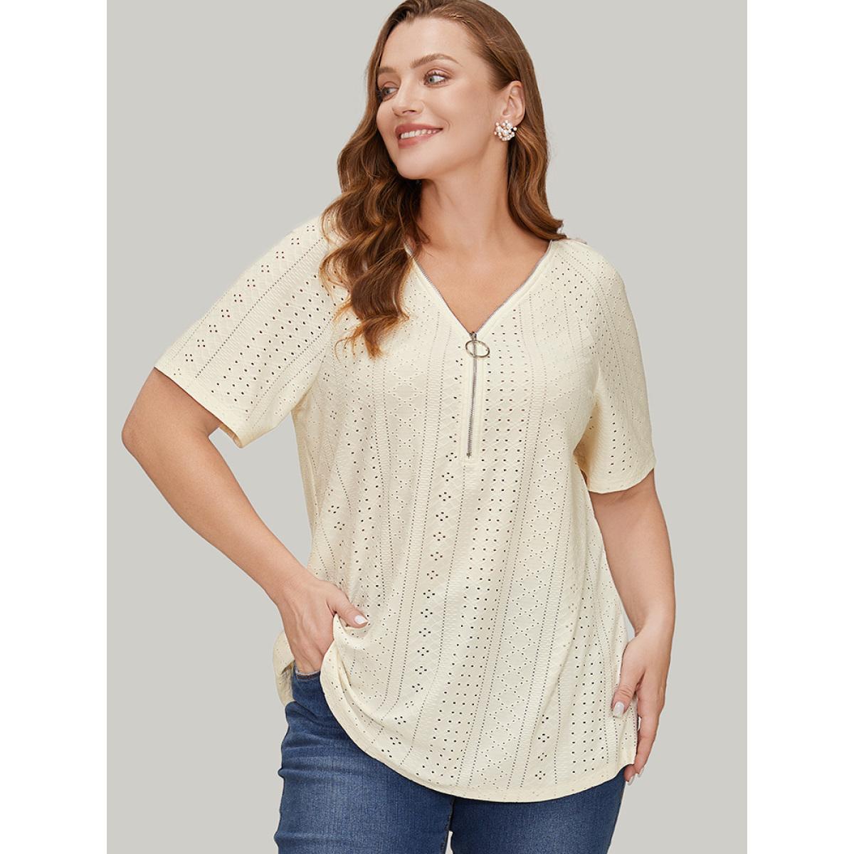 Plus Size Solid Half Zipper Broderie Anglaise T-shirt Ivory Women Elegant Zipper Plain V-neck Dailywear T-shirts BloomChic 10/M Product Image