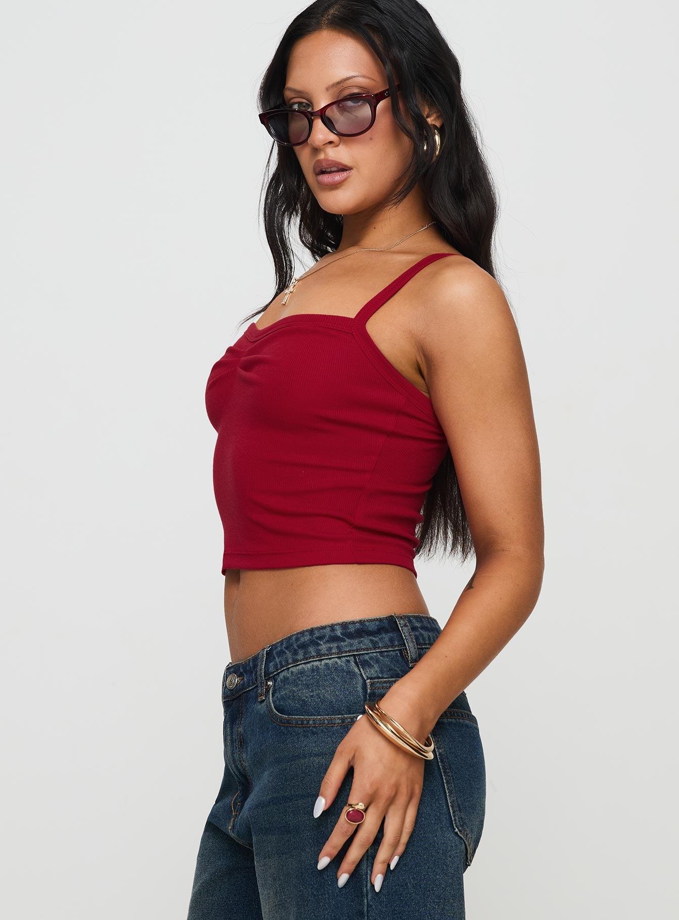 Essentials Ruched Rib Cami Top Red Product Image