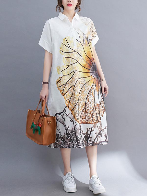 Artistic Retro Floral Printed Buttoned Lapel Collar Short Sleeves Midi Shirt Dress Product Image