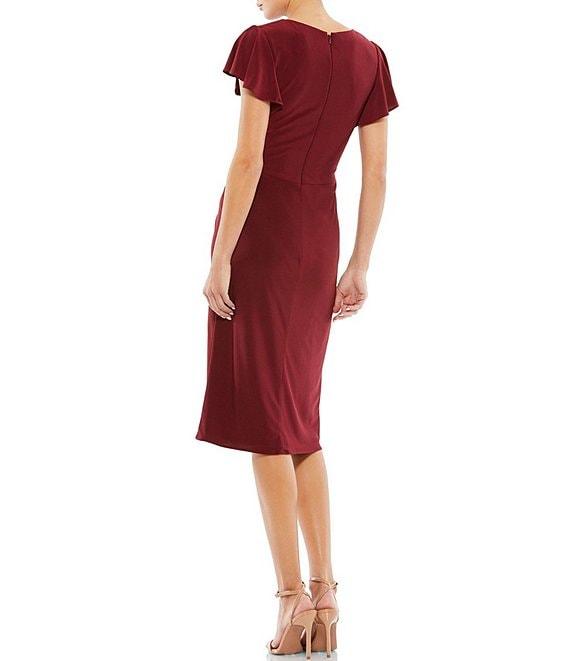 Mac Duggal V-Neck Short Flounce Sleeve Sheath Midi Dress Product Image