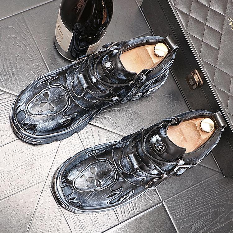 Platform Buckled Lace-Up Faux Leather Shoes Product Image