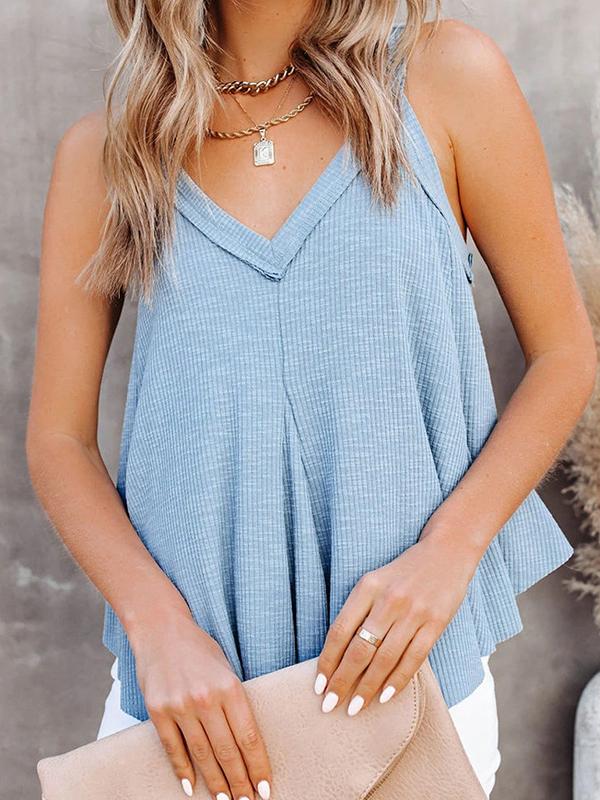 Loose Sleeveless Pleated Solid Color V-Neck Vest Top Product Image