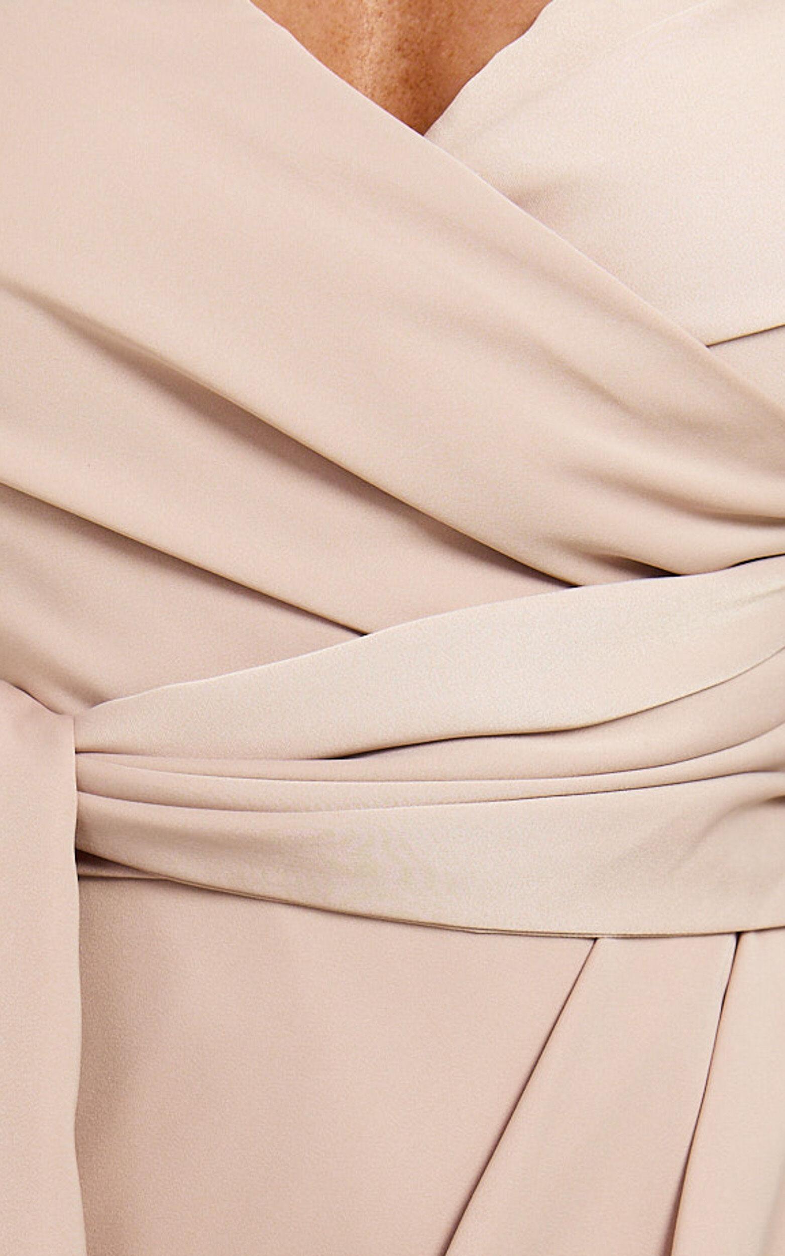 How Will I Know Midi Dress - Wrap Waist Tie Tulip Hem Dress in Champagne Product Image