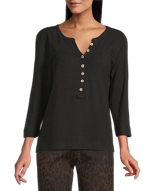 Westbound Petite Size Knit 3/4 Sleeve Henley Top Product Image