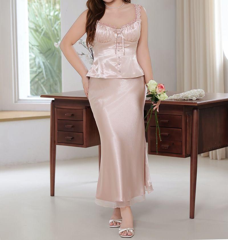 High Rise Plain Satin Maxi Fishtail Skirt Product Image