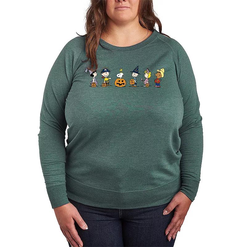 Plus Size Peanuts Group Trick Or Treat French Terry Long Sleeve Tee, Womens Grey Green Product Image