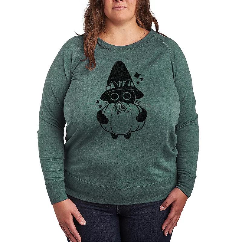 Plus Size Witch Cat With Pumpkin French Terry Long Sleeve Tee, Womens Grey Green Product Image