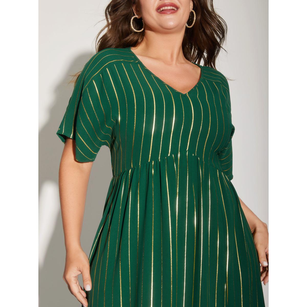 Plus Size Gold Shimmery Stripes Pockets Midi Dress DarkGreen Women Party&Cocktail V-neck Short sleeve Curvy BloomChic 12/L Product Image
