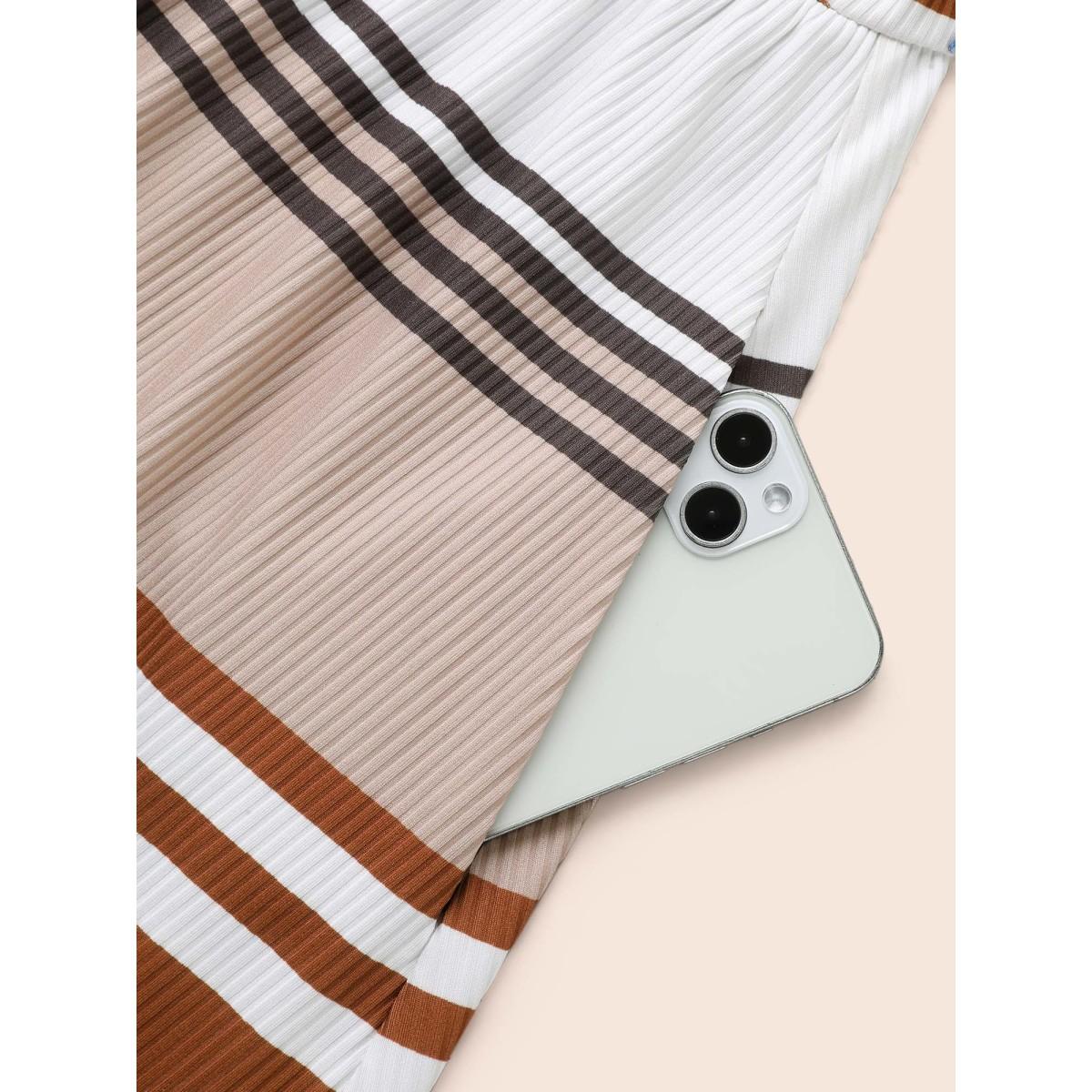 Plus Size Contrast Striped V Neck Midi Dress Yellowishbrown Women Elegant Texture V-neck Extra Long Sleeve Curvy BloomChic 26/4X Product Image