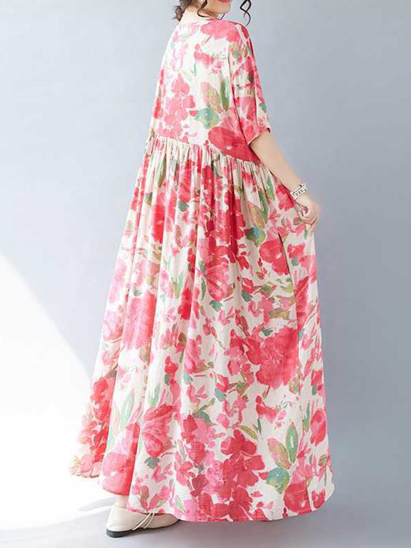 A-line Batwing Sleeves Flower Print Pleated Split-Joint Round-neck Midi Dresses Product Image