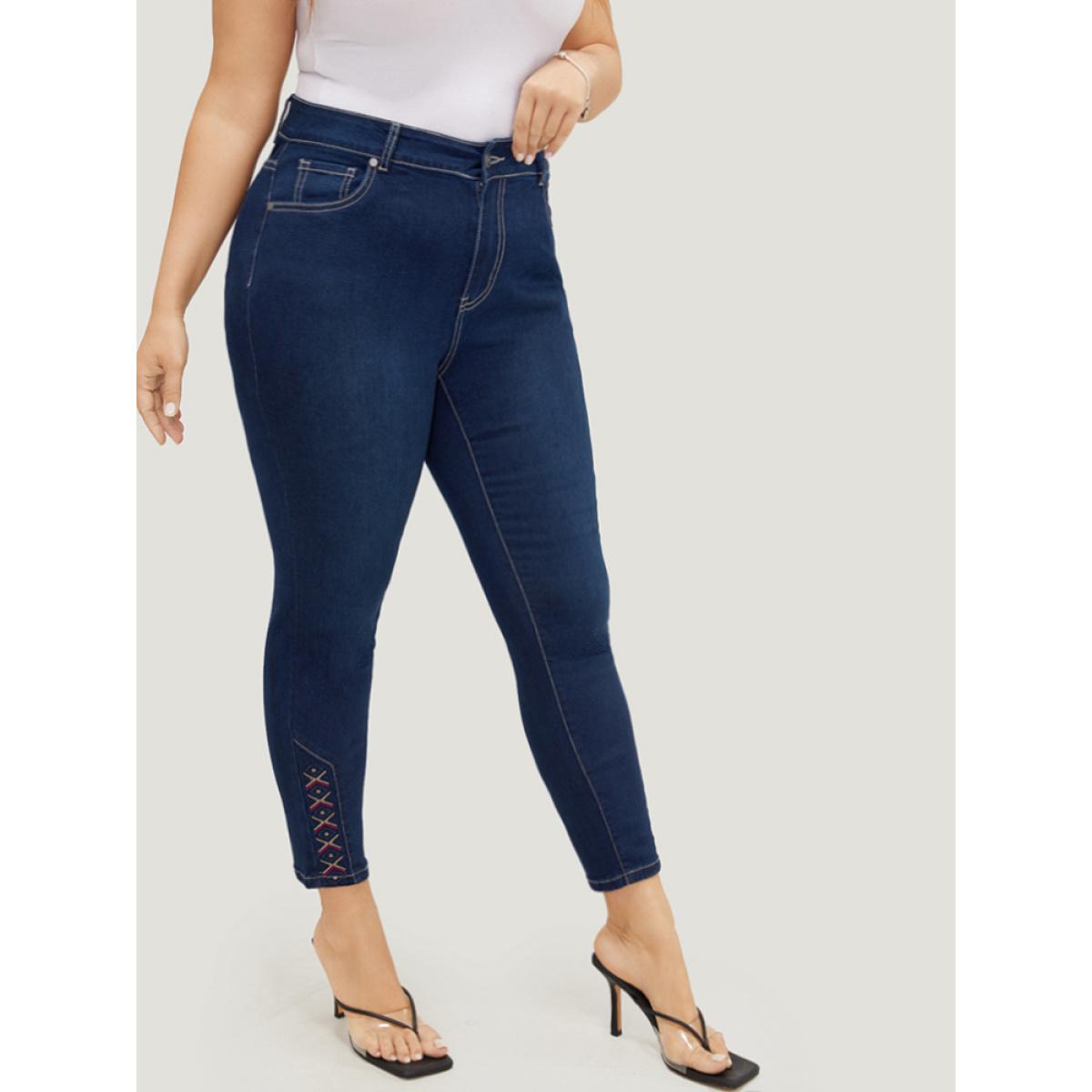 Plus Size Very Stretchy High Rise Dark Wash Geometric Embroidered Jeans Women Indigo Casual Plain Embroidered High stretch Pocket Jeans BloomChic 28/5X Product Image