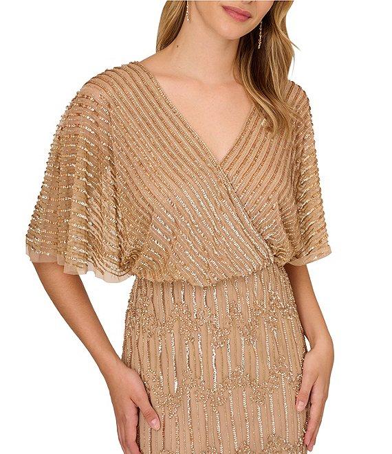 Adrianna Papell Beaded Short Flutter Sleeve V-Neck Blouson Gown Product Image