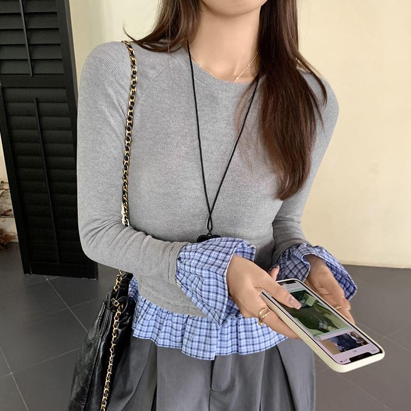 Mock Two-Piece Long-Sleeve Crew Neck Plaid Panel Knit Top Product Image