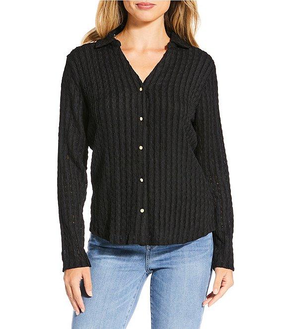 Investments Knit Long Sleeve Y-Neck Button Front Novelty Top Product Image