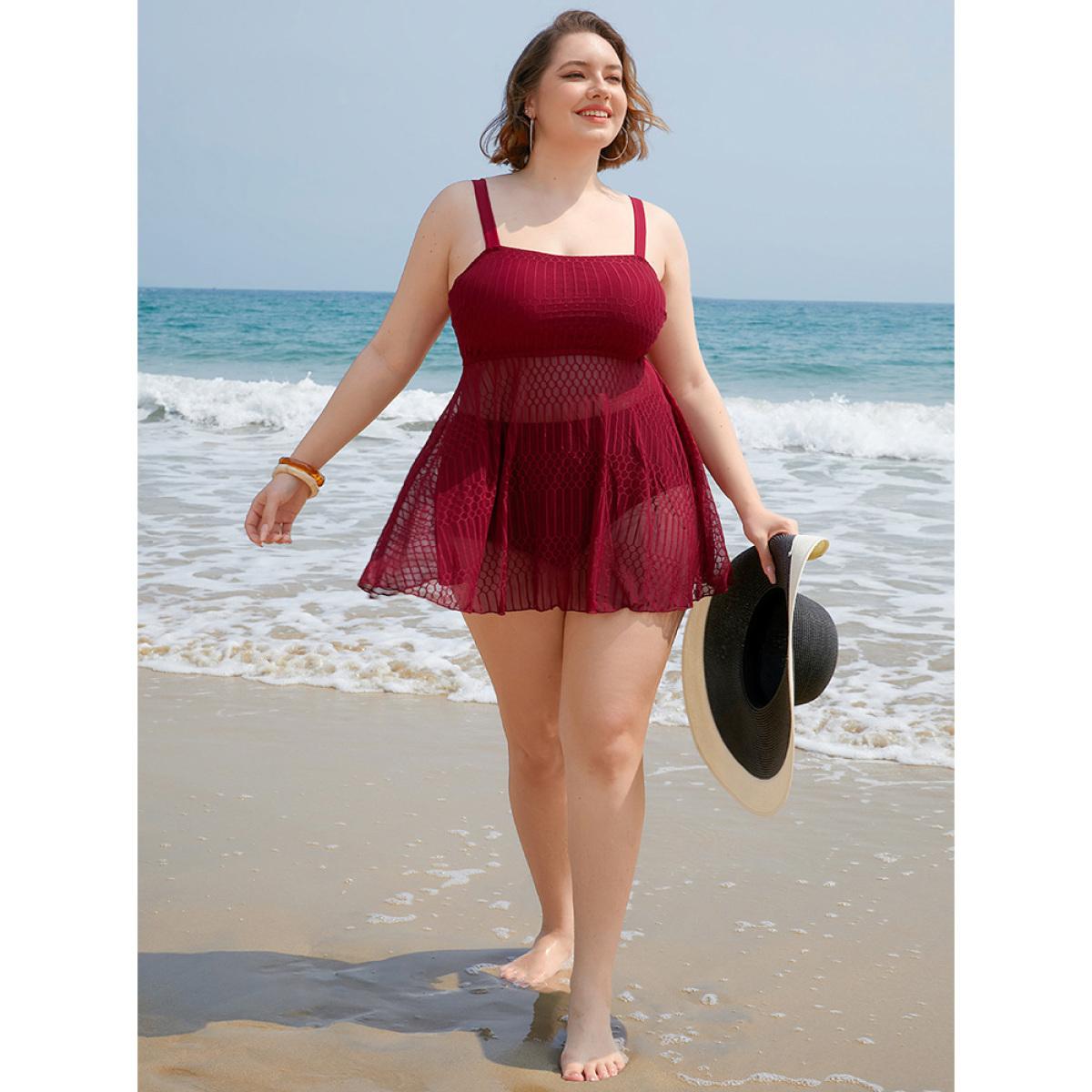 Plus Size Solid Geometric Ruffles Mesh Hem Tankini Top Women's Swimwear Red Vacation Adjustable Straps High stretch Bodycon Spaghetti Strap Curve Swim Tops BloomChic 26/4X Product Image