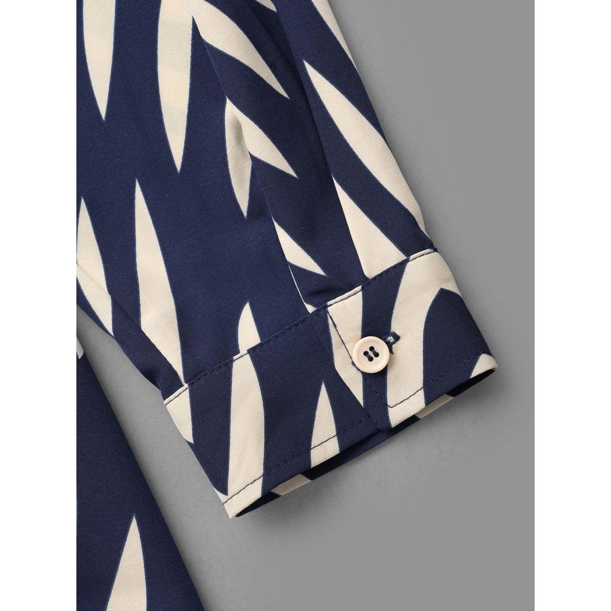 Plus Size Indigo Geometric Notched Pleated Slit Hem Blouse Women At the Office Extra Long Sleeve Notched collar Work Blouses BloomChic 30/6X Product Image