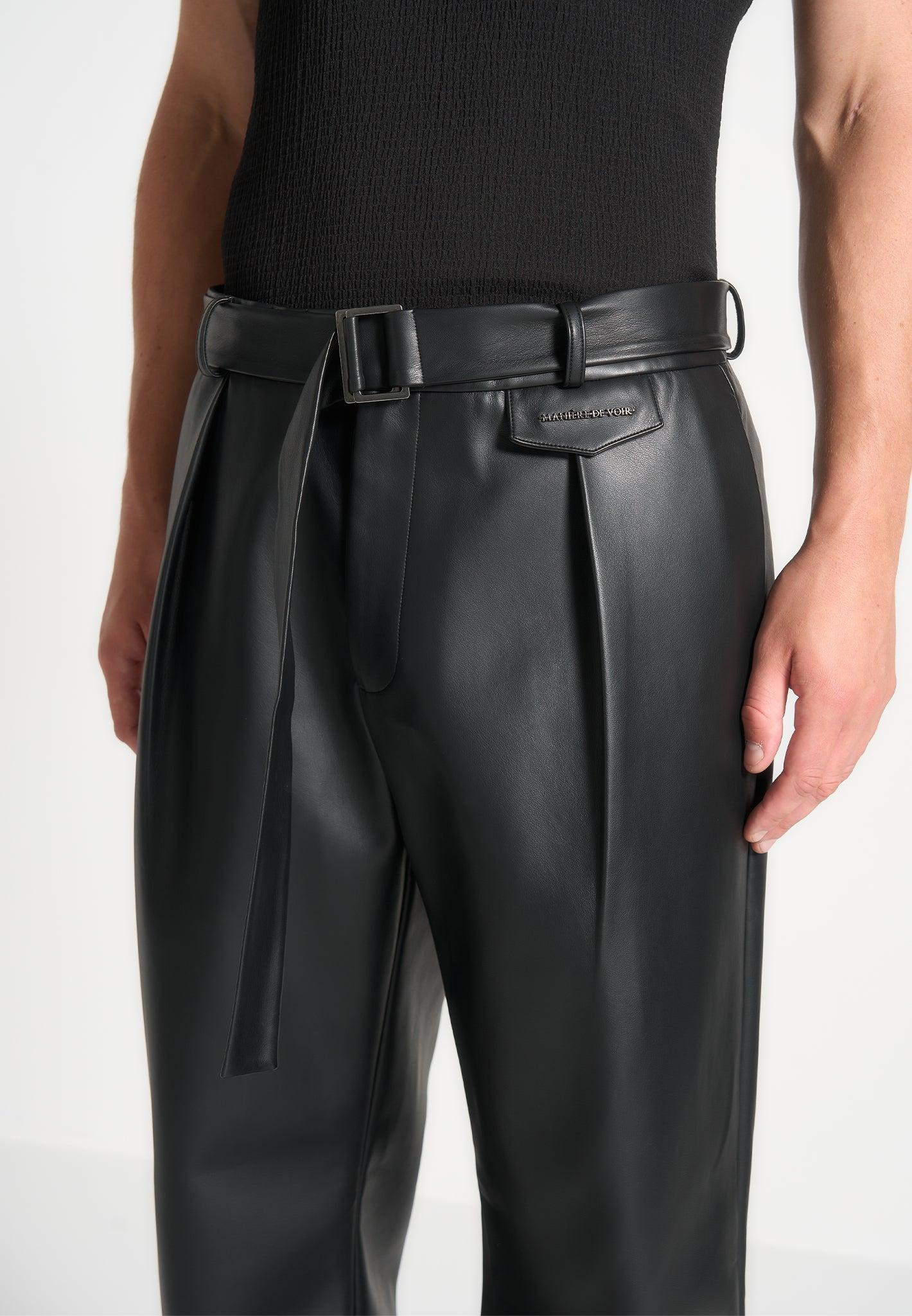 Serge - Relaxed Fit Leather Pleated Trousers - Black Male Product Image