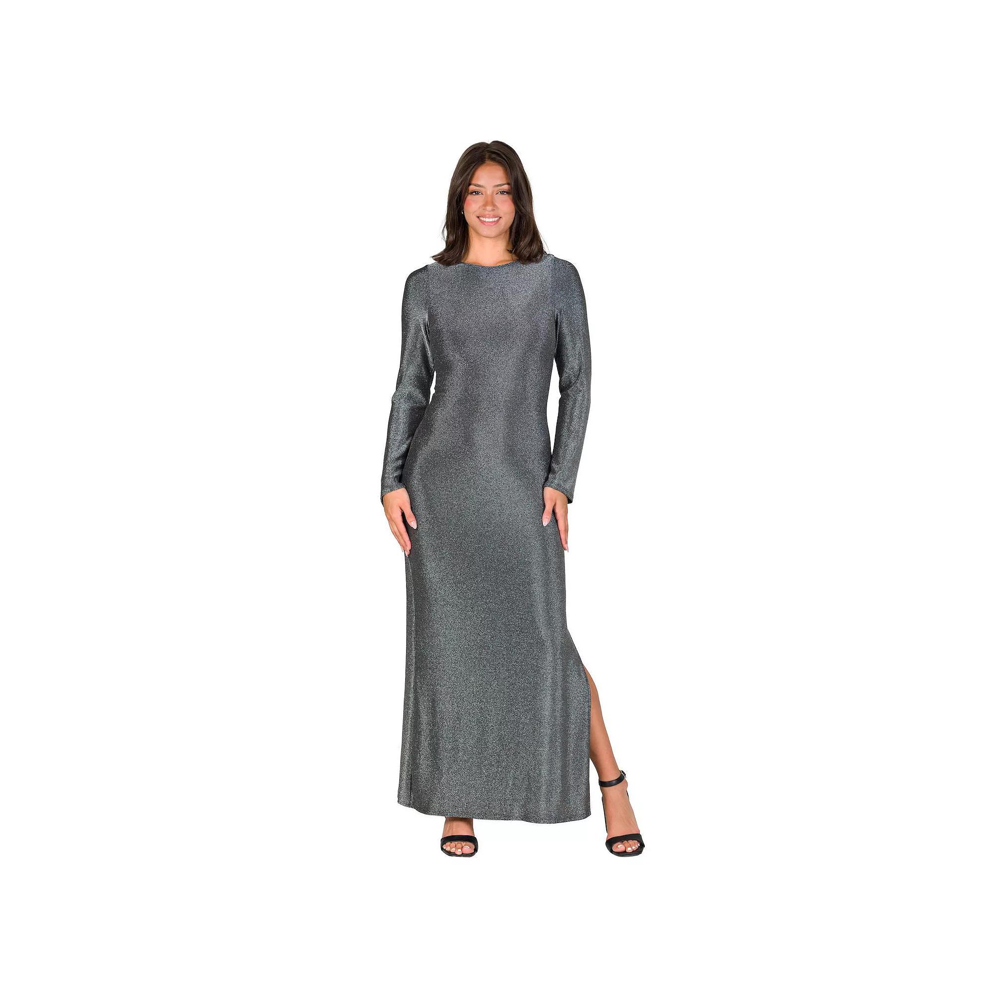 Women's 24Seven Comfort Apparel Long Sleeve Shimmer Side Slit Maxi Dress,  Product Image