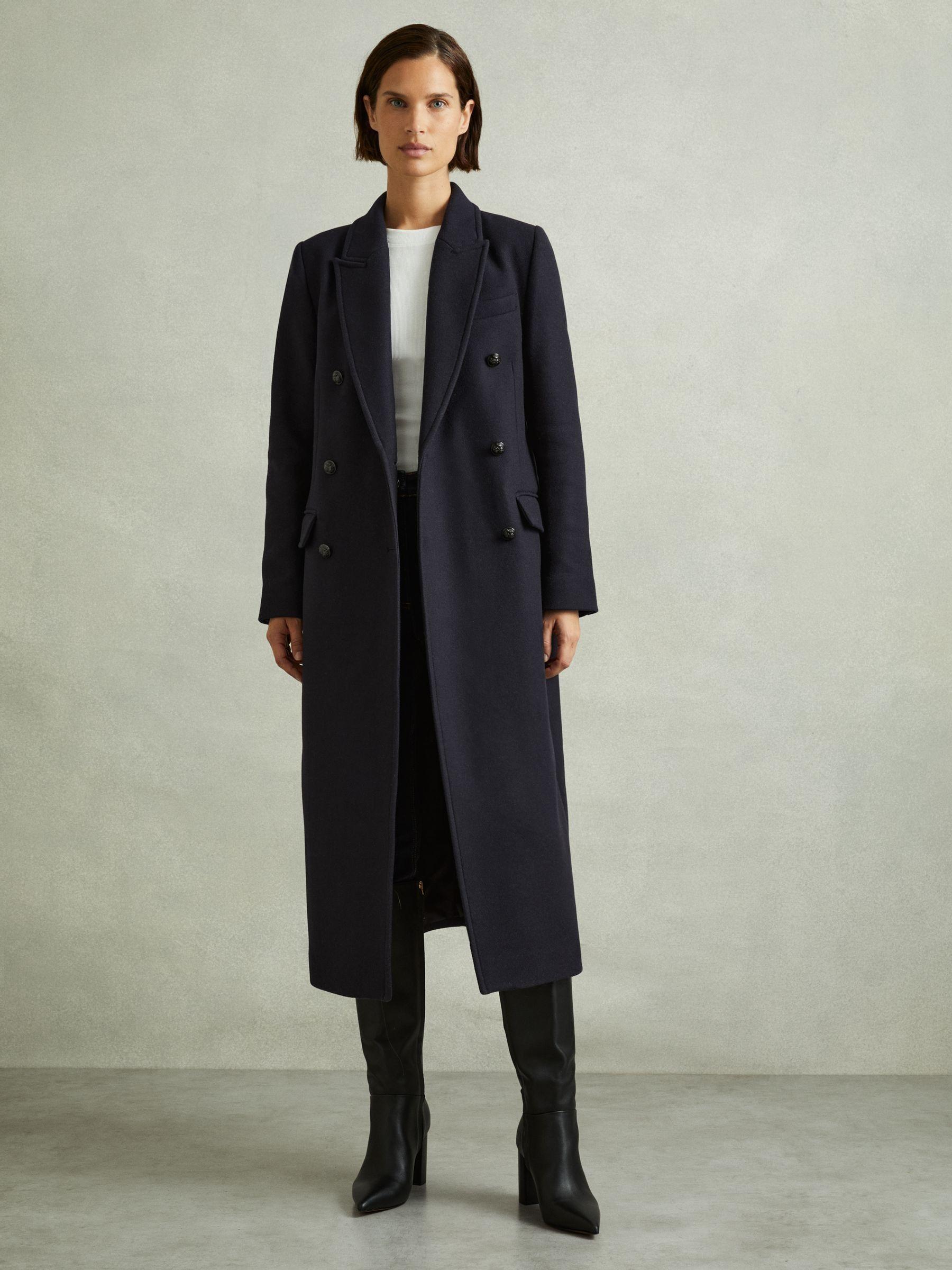 Wool-blend Twill Double-Breasted Coat in Navy Product Image