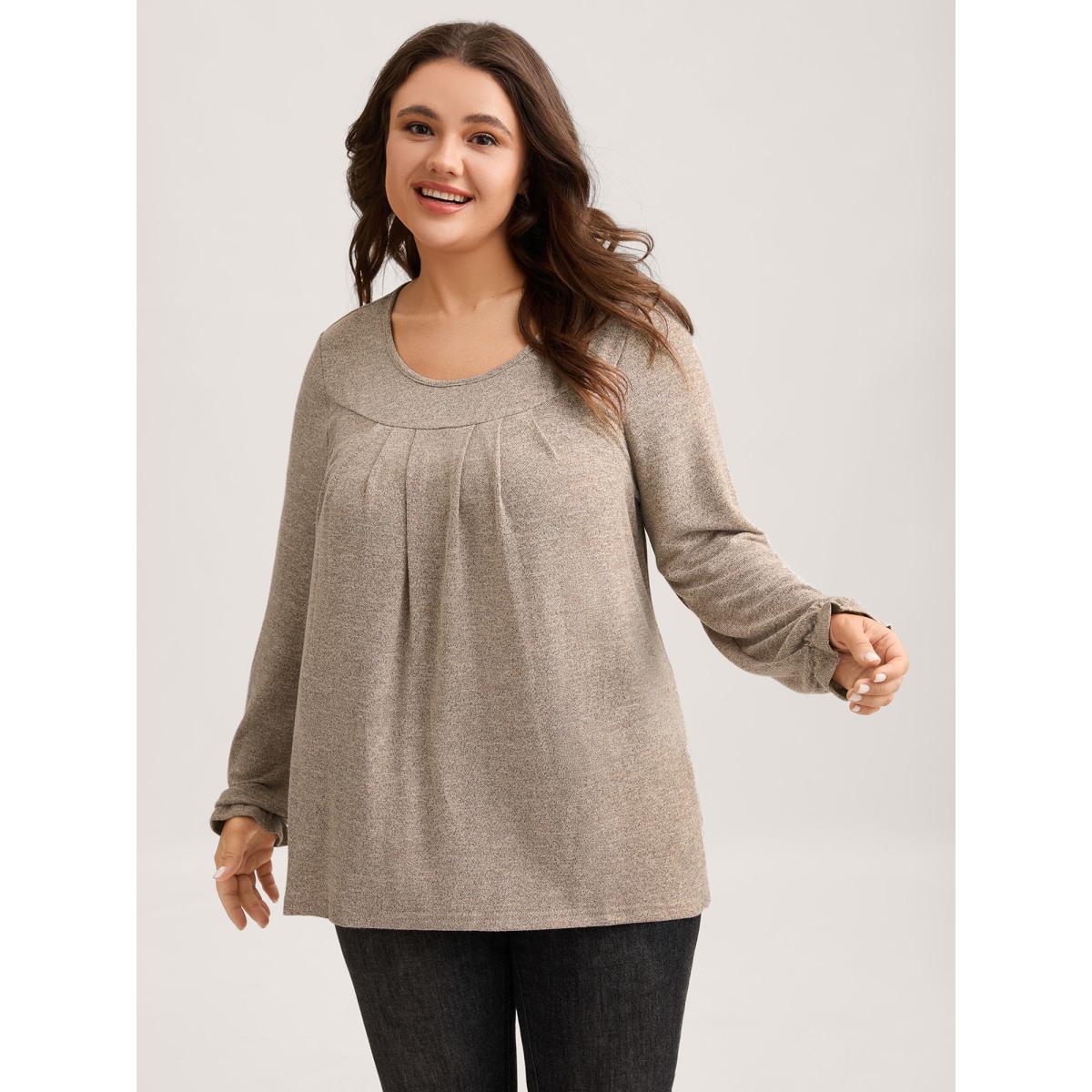Plus Size Round Neck Heather Pleated T-shirt LightBrown Women Leisure Pleated Round Neck Loose Casual T-shirts BloomChic 28/5X Product Image