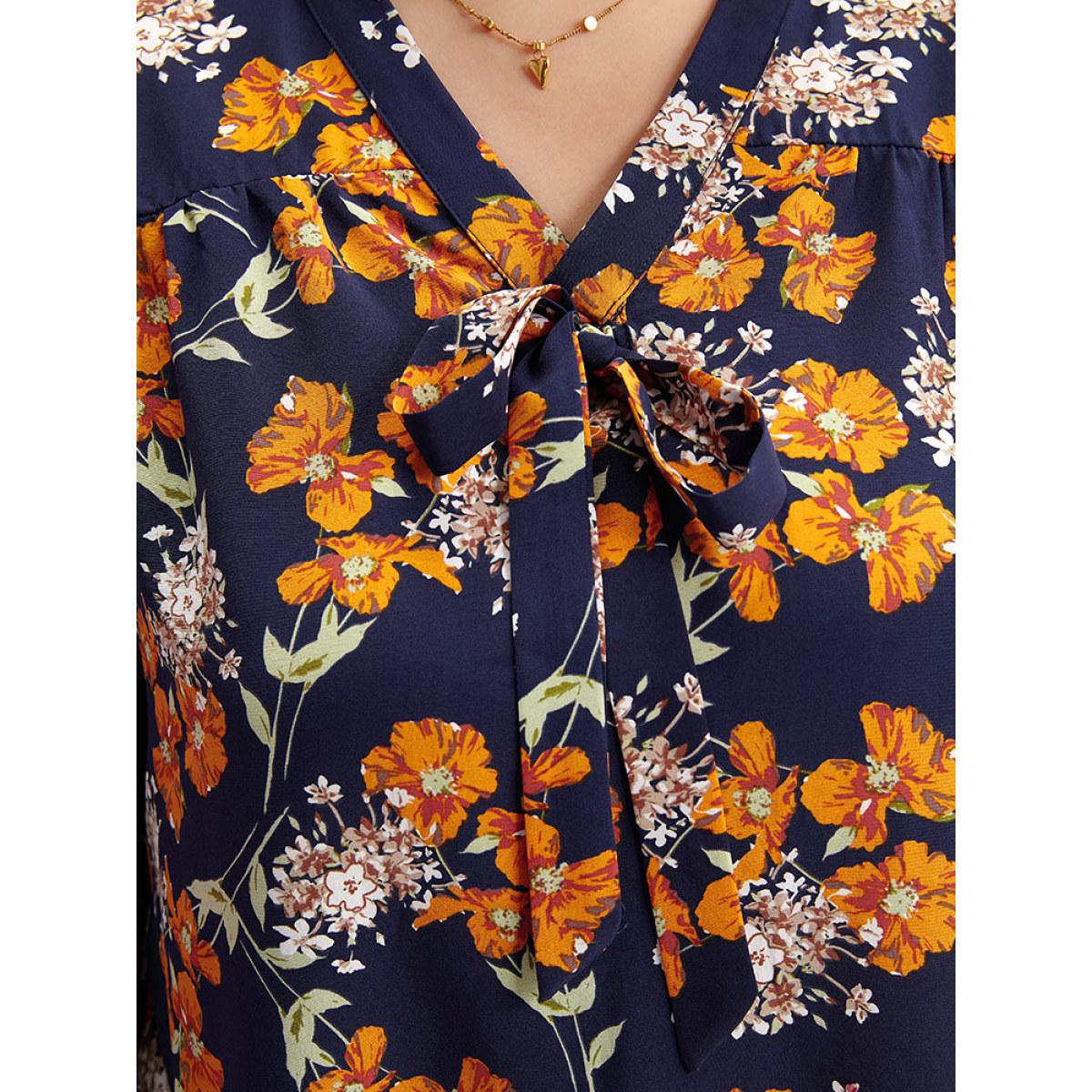 Plus Size Indigo Floral Print Bowknot Ties Lantern Sleeve Blouse Women Elegant Long Sleeve V-neck Dailywear Blouses BloomChic 14-16/1X Product Image