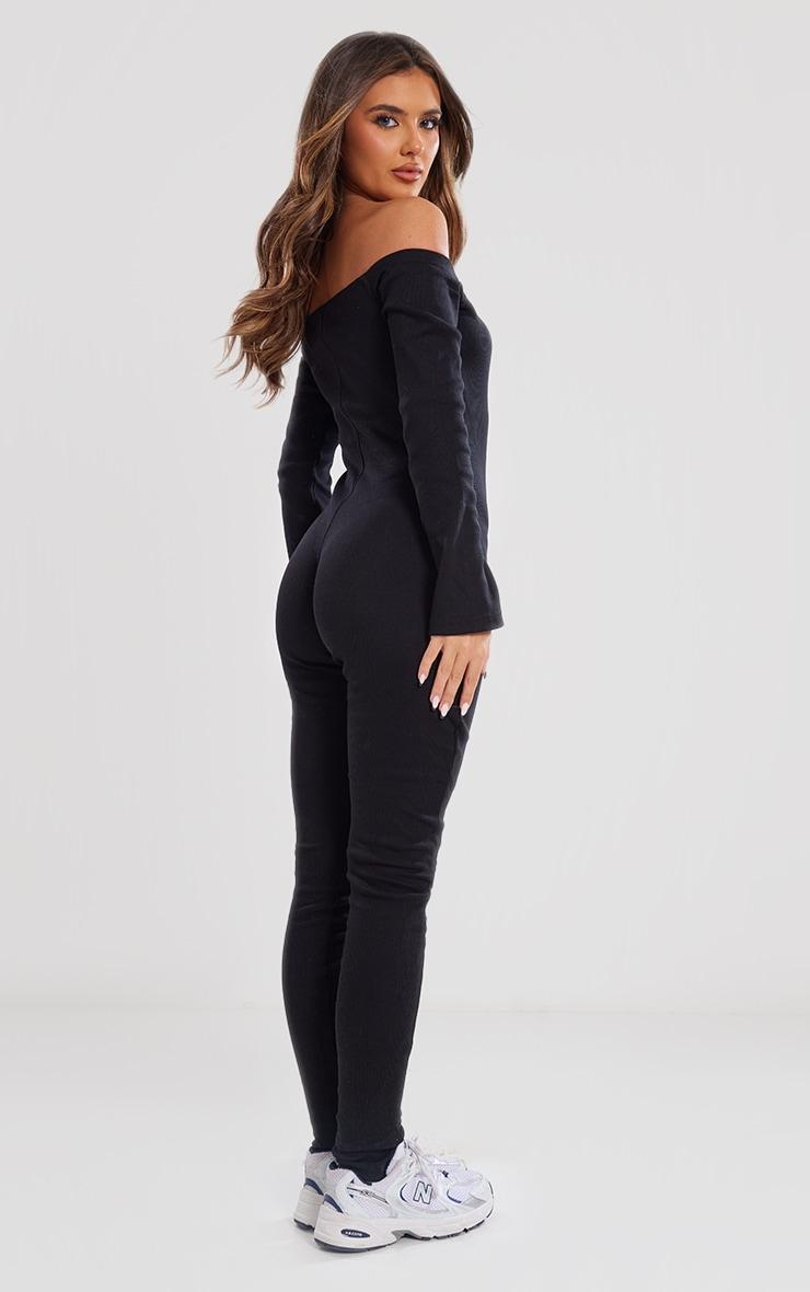 Black Off The Shoulder Button Front Ribbed Jumpsuit Product Image