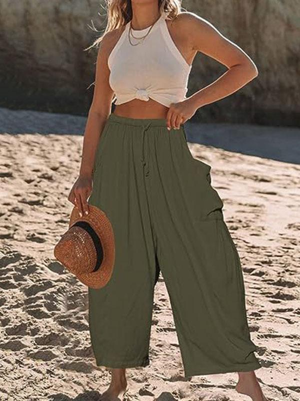High Waisted Loose Drawstring Elasticity Pleated Pockets Solid Color Ninth Pants Trousers Product Image