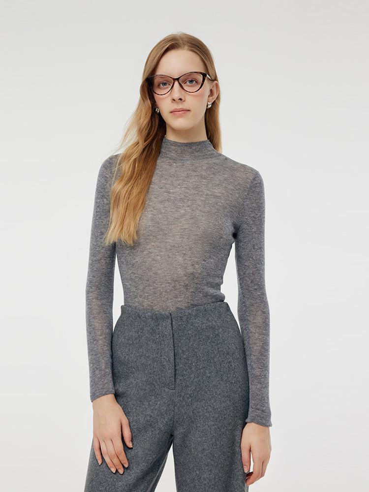 100% Wool Mock Neck Women Long Sleeve Top Product Image