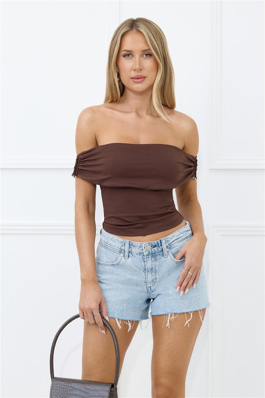 Elevated Minimal Off Shoulder Crop Top Brown Product Image