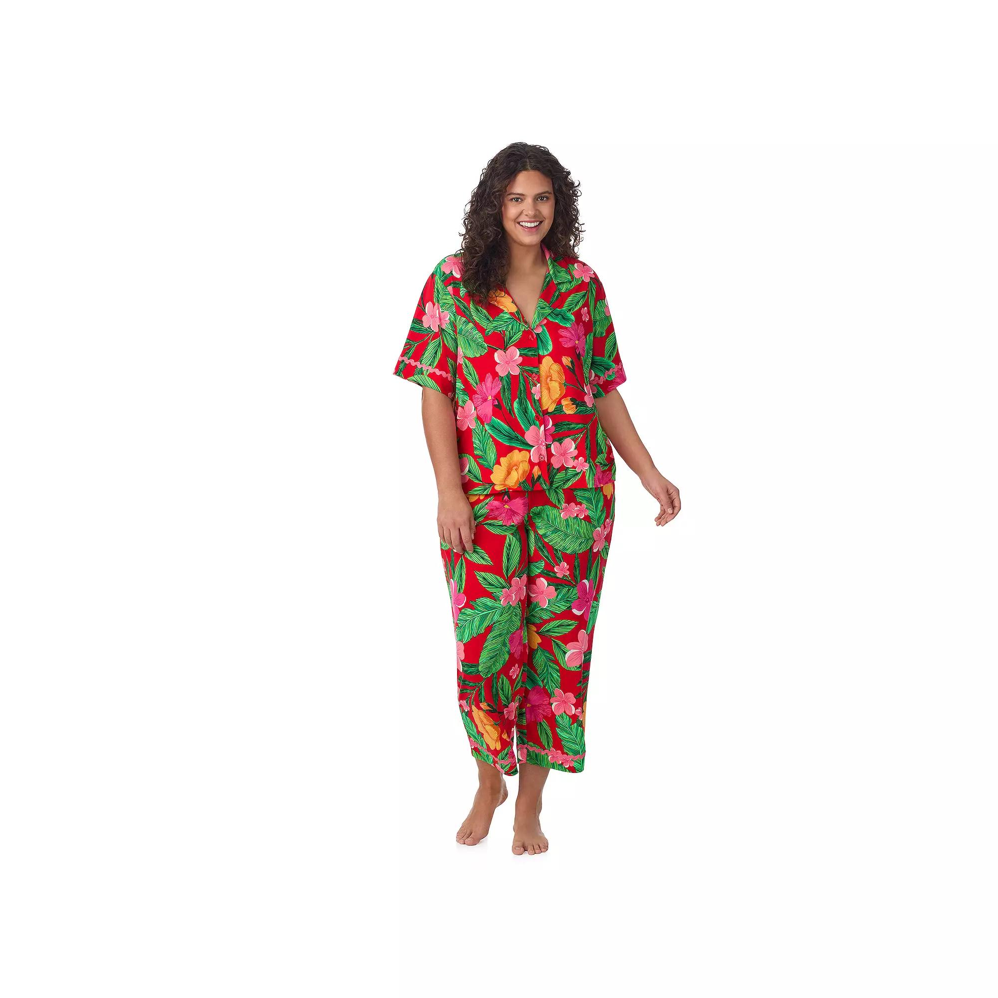 Plus Size Beauty Sleep Social 2-Piece Cozy Notch Pajama Top & Cropped Pajama Pants Set, Women's, Size: 2XL, Aloha Product Image