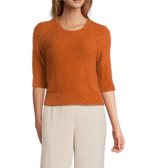 Trina Turk Maliah Fuzzy Knit Round Neck Elbow Sleeve Top Product Image