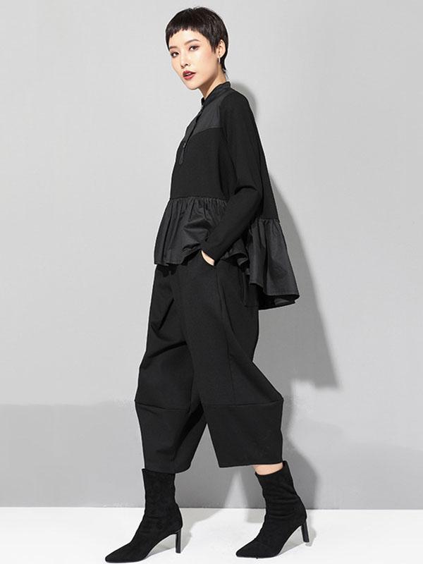 Original Creation Long Sleeves Loose Falbala Split-Joint Stand Collar T-Shirts Tops Product Image