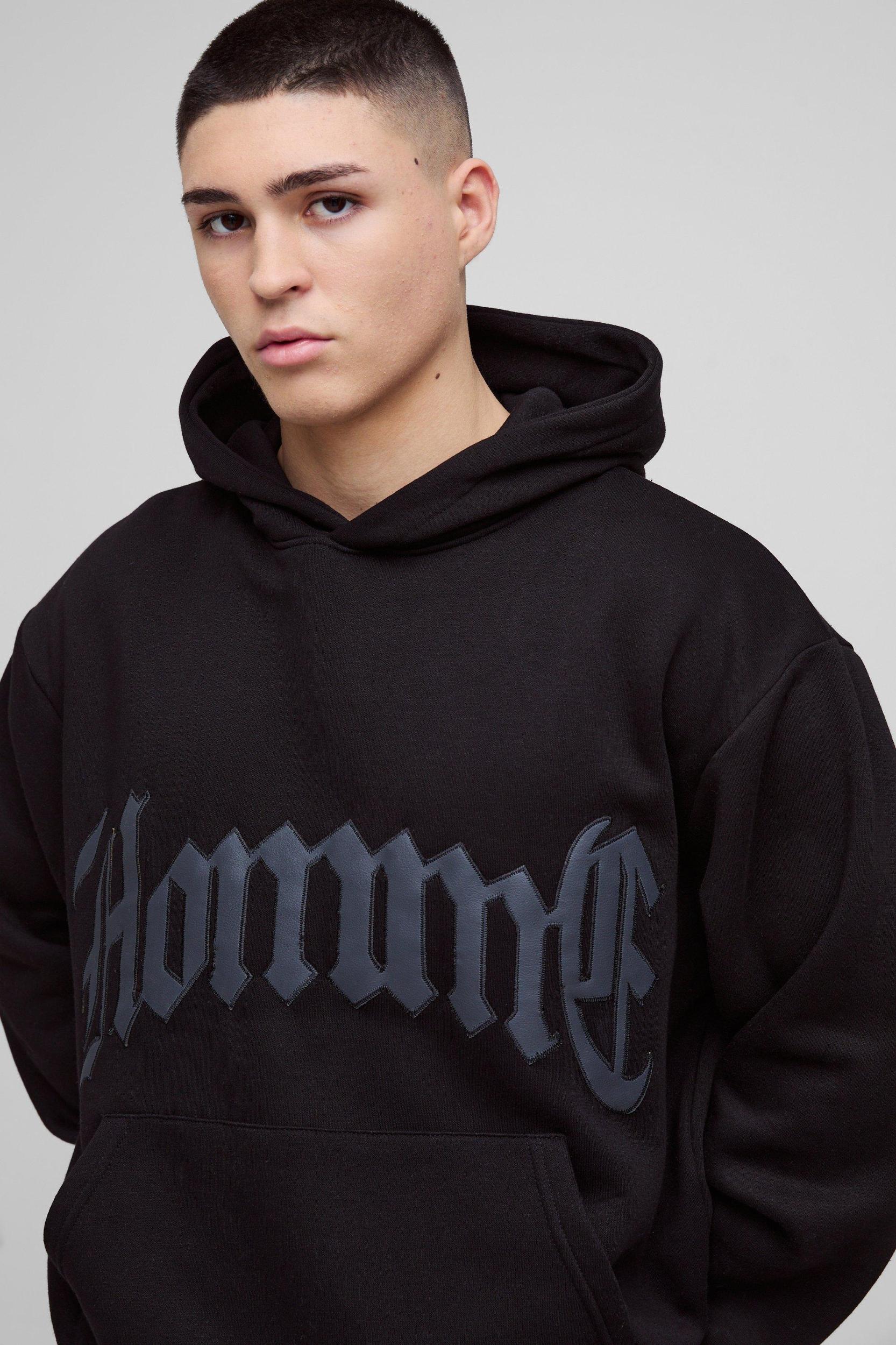 Oversized Boxy Homme PU Applique Hoodie | boohooMAN USA Product Image