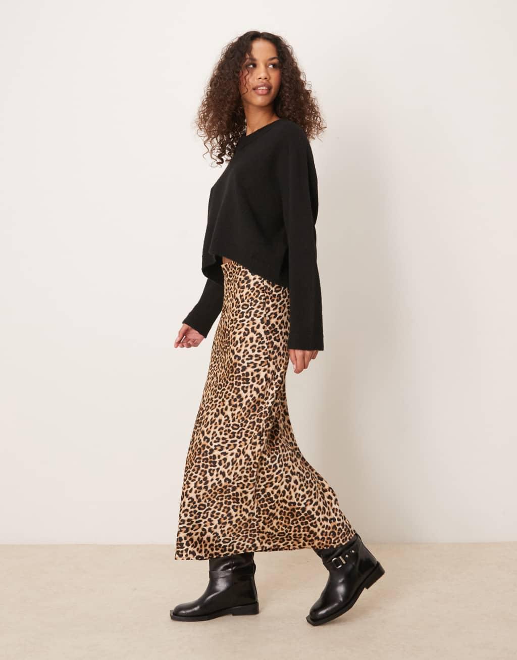 VILA satin midi skirt in leopard print Product Image