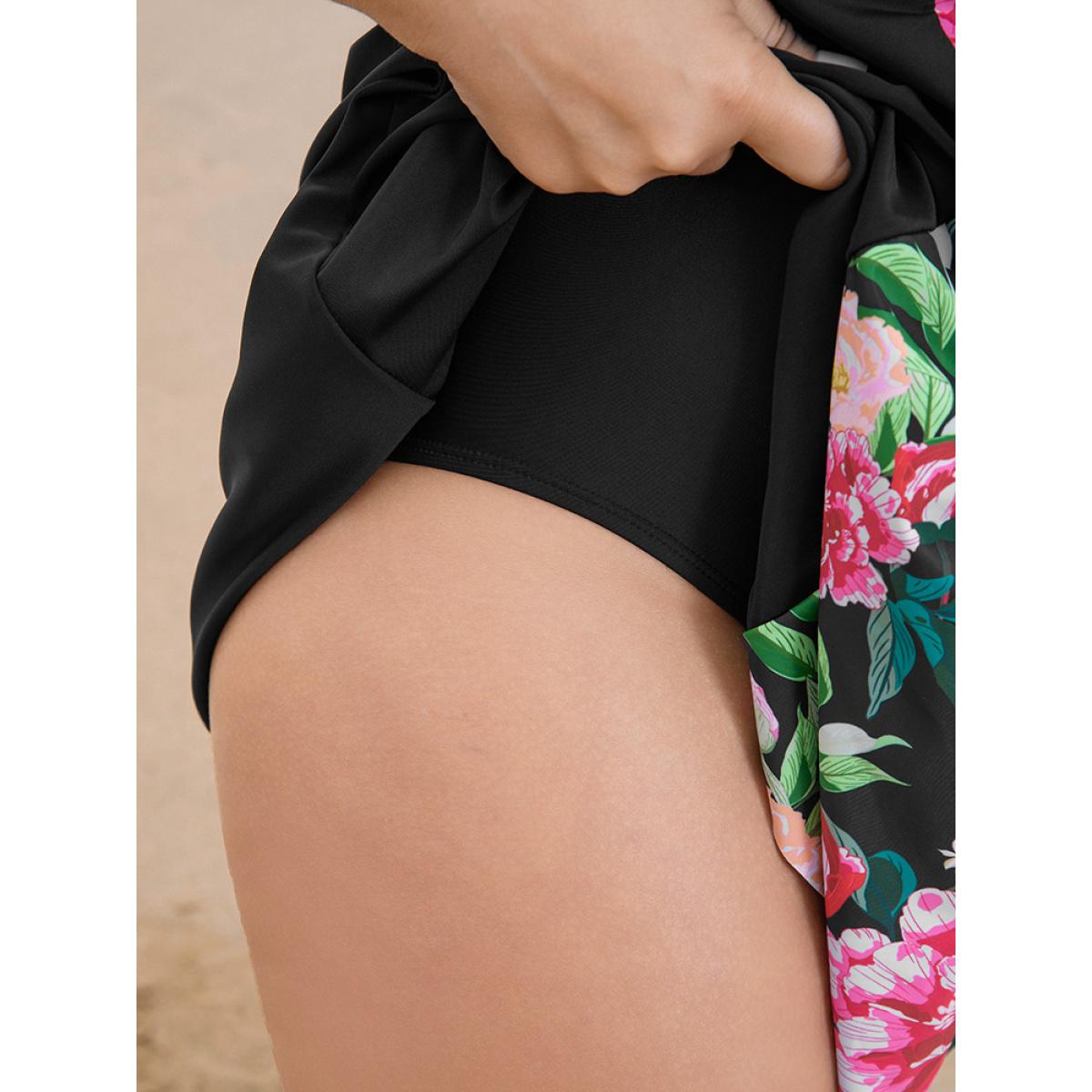 Plus Size Floral Patchwork Ruffle Knotted Swim Dress Women's Swimwear BlackFlower Vacation Bodycon V-neck High stretch Curve Swim Dresses BloomChic 30/6X Product Image