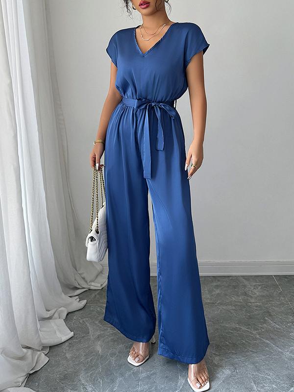 High Waisted Loose Backless Pleated Pockets Solid Color Tied Waist V-Neck Jumpsuits Product Image